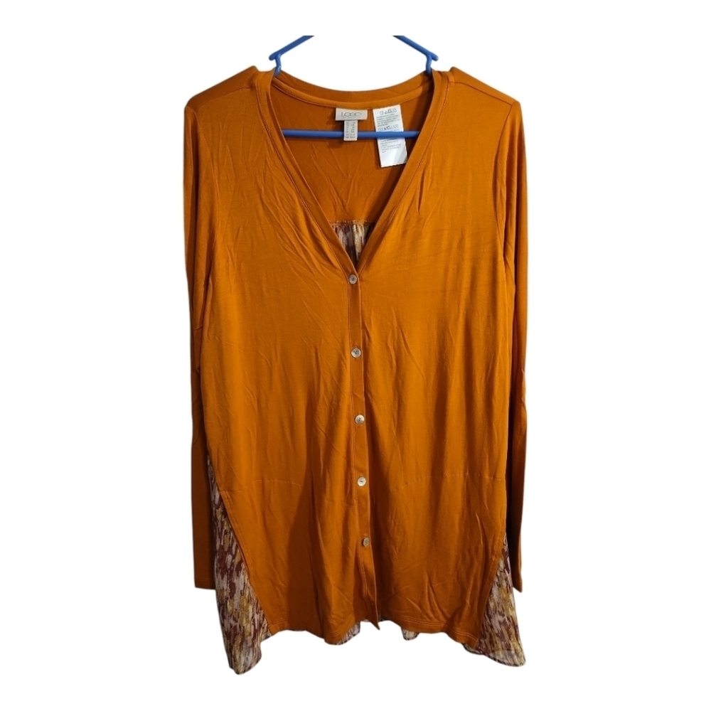 LOGO by Lori Goldstein Plus Size Button Down Pocket V Neck Boho Office Blouse 1X - Picture 2 of 6